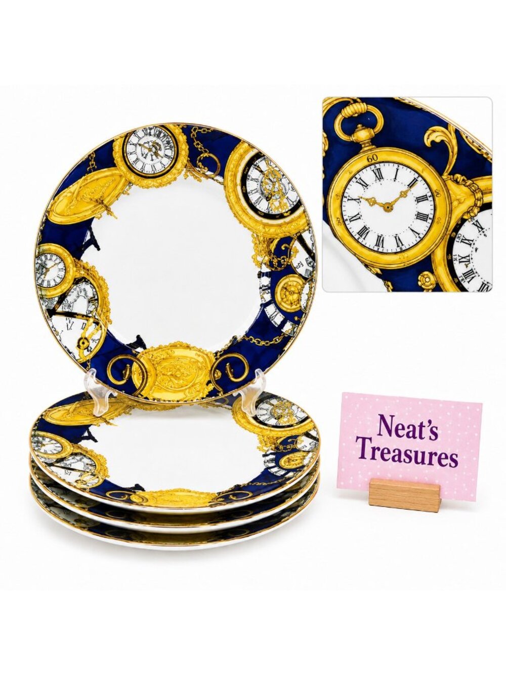 Furio FUO33 Blue Band Gold Pocket Watches Stoneware White Dinner Plates Set 4